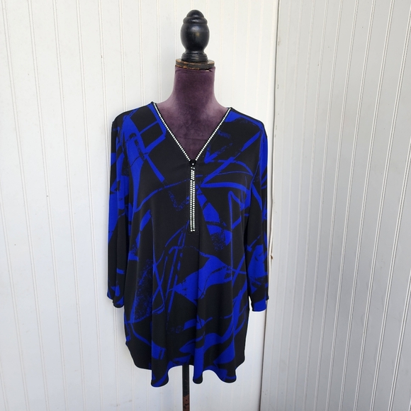 Joseph Ribkoff Edgy V-neck Zipper Top Style  Blue Black Blouse Sz 14 - Picture 6 of 16